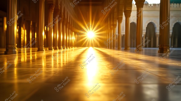Image depicts a long corridor flanked by round columns, illuminated by a radiant golden light from a setting or rising sun in the background. The floor and columns exhibit Islamic architectural details, with the spreading light casting reflections on the smooth floor.