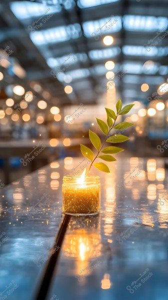 A lit candle in a clear glass jar placed on a shiny, flat surface, reflecting the light. A small branch with green leaves is emerging from the jar. The background is blurred with circular bokeh lights.