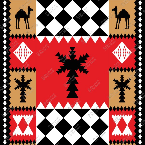 Traditional Saudi-style design featuring geometric shapes and a large black palm tree in the center, surrounded by black and white diamond shapes. Black camels on a brown background and geometric patterns in red, white, and black are also present.