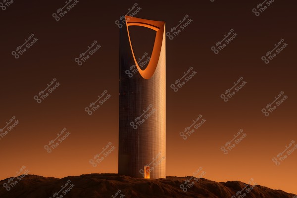 An image of the Kingdom Tower in Riyadh, Saudi Arabia, prominently standing against the horizon with its striking façade and distinctive curved top. The tower features an orange lighting that adds beauty to the night scene, set against an orange-hued sky.