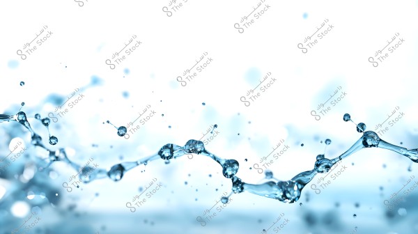 Blue water droplets splashing and scattering through the air against a soft white background, creating an impression of floating weightlessly at the top edge of the image. The droplets appear like small pearls reflecting the light.