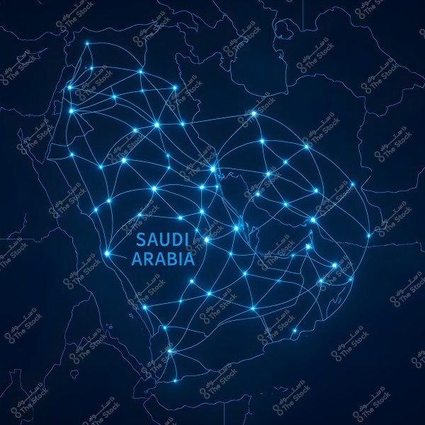 A digital map of Saudi Arabia displaying a network of interconnected points evenly distributed across the country. The map is illuminated with small blue dots representing the network, with \"SAUDI ARABIA\" written prominently in blue. The surrounding borders of the Gulf and Middle Eastern countries are shown.