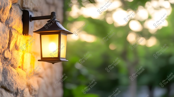 A lit wall lantern made of black metal with yellowed glass, mounted on a stone wall. The background features a blur of green trees and sunlight at dusk.