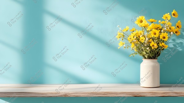 A white ceramic vase placed on a wooden shelf against a light blue wall. The vase holds a bouquet of bright yellow flowers with green leaves, and sunlight casts shadows on the wall.