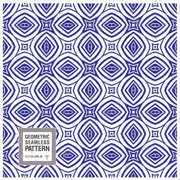 Blue and white geometric seamless pattern with interlocking shapes.