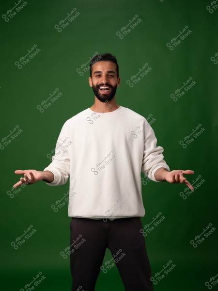 Image of a man smiling and standing against a green background. He is wearing a white sweater and dark pants. He has a cheerful and welcoming expression, with his hands slightly extended to the sides.
