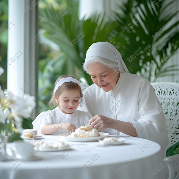 An image of an elderly woman and a young girl sitting together at a round table covered with a white cloth in a bright room surrounded by green plants. The woman is dressed entirely in white with a white headscarf, and the girl is wearing a white dress with a white headband. Both are smiling and appear to be engaged in preparing food.