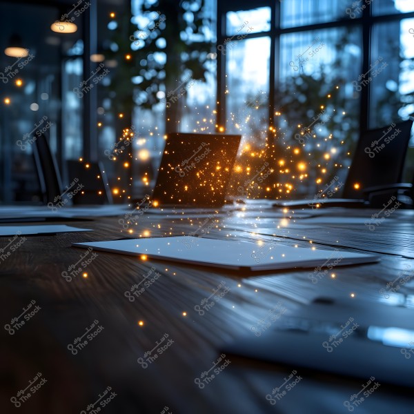 A modern office with a large wooden table covered with papers. An open laptop is present, surrounded by numerous small glowing lights that resemble magic or a fantasy effect. The background window is glass, with soft exterior lighting creating a warm and comforting ambiance.