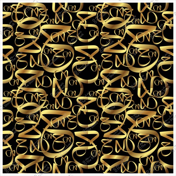 صورة تحتوي على نمط عشوائي من الحروف الذهبية بشكل ثلاثي الأبعاد على خلفية سوداء.