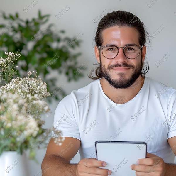 A portrait of a man wearing glasses and a white shirt, sitting and smiling while holding a tablet. In the foreground, there are white flowers, and the background includes green plants.