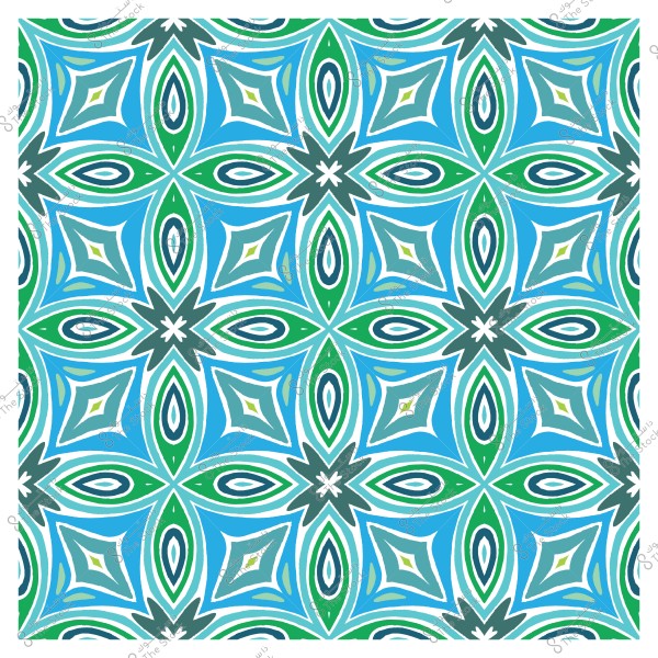 Repeating geometric pattern in blue and green colors with interlocking floral design.