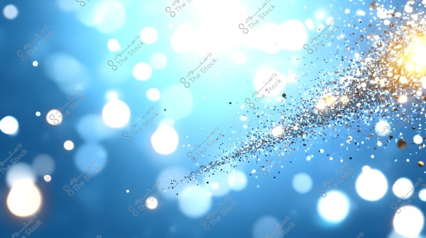 An abstract image with a bright blue background illuminated by numerous faded circles of white light, with scattered small points of golden and metallic light in one direction.