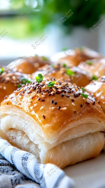 A close-up image of golden, crispy baked pastry pieces topped with sesame seeds and black seeds, along with small pieces of green herbs on top. The pastry shows its flaky layers and is accompanied by a white and blue cloth towel. In the background, there are blurred green hues of plants.