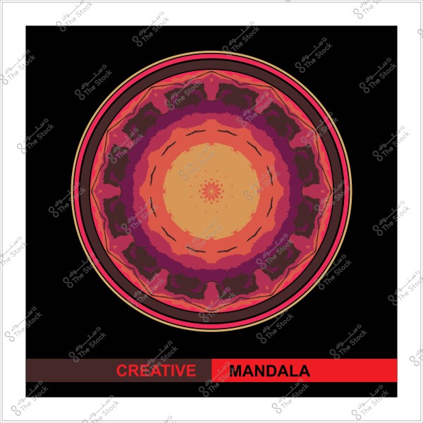 رسم ماندالا ملون بتدرجات اللون البرتقالي والبنفسجي على خلفية سوداء مع كتابة "CREATIVE MANDALA" في الأسفل.