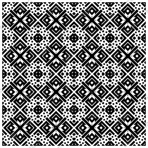 تصميم هندسي أبيض وأسود يعتمد على أنماط متكررة لخطوط متقاطعة وأشكال مربعة.