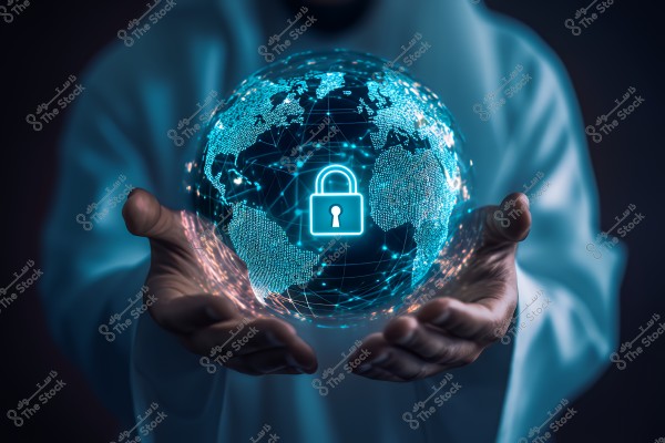 An image showing hands holding a glowing blue digital globe with a lock symbol, symbolizing data protection and cybersecurity. There are interconnected lines representing global networks. The person behind the globe is against a dark background and is wearing light-colored clothing, possibly a Gulf-style robe.