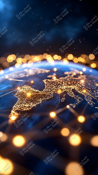 Image of Earth from space showing the illuminated map details of Europe and South America connected with lights, creating an impression of a global network. The background is dark with scattered light points, giving a sense of night and the universe.