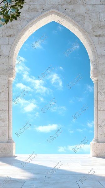 An image of a blue sky with white clouds visible through an ornate stone arch resembling Arabian architecture. The arch is made of light stone and opens onto a landscape with a white marble floor.