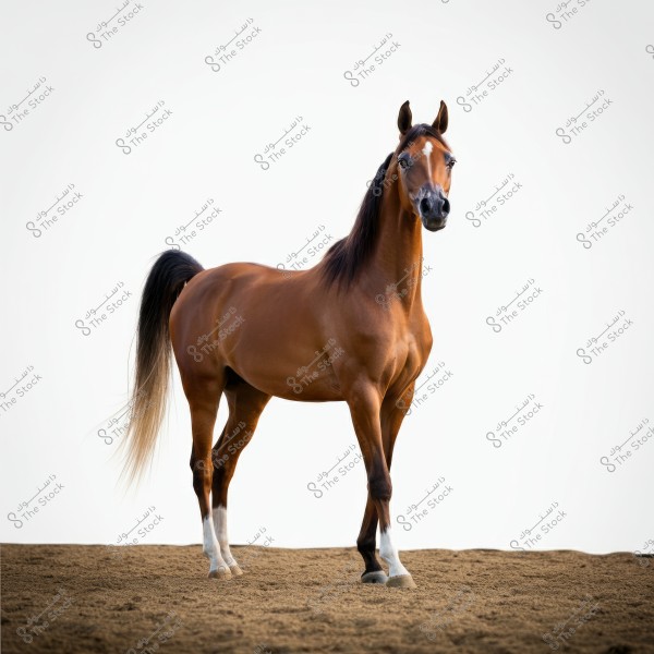 Image of a dark brown Arabian horse standing on a sandy ground. The horse has a long black tail with lighter tips and a small white mark on its forehead. The image highlights the horse\'s features and elegance against a smooth white background.