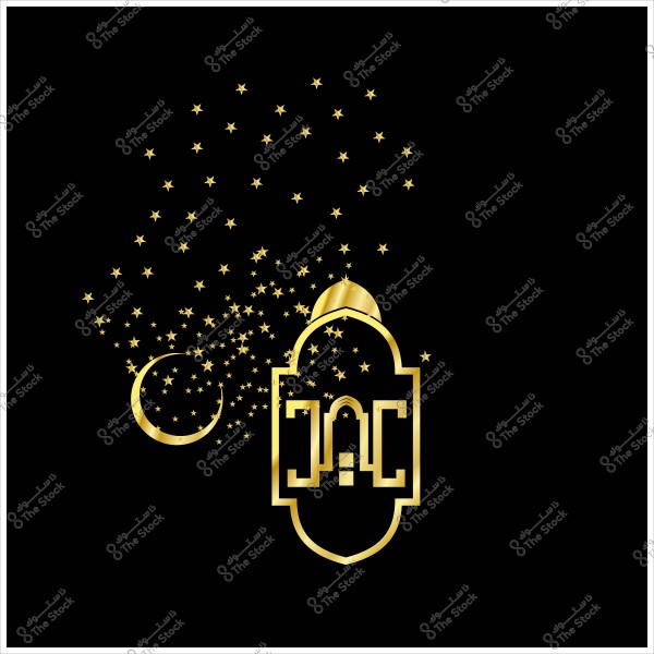 صورة لشعار ذهبي بتصميم إسلامي مع هلال ونجوم على خلفية سوداء.