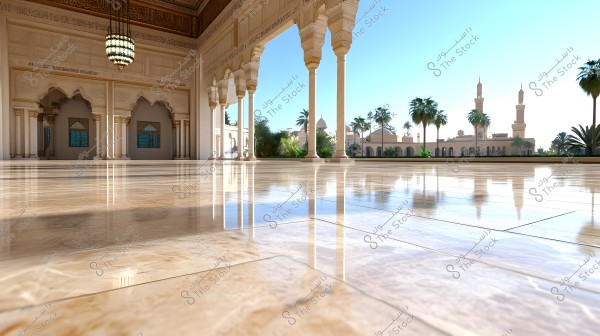 صورة تعكس فناء مسجد واسع يضم أعمدة رخامية كبيرة وقناطر مزخرفة. يظهر في الخلفية مئذنتان طويلتان وتصميم معماري عربي تقليدي يحيط بأشجار النخيل وأشعة الشمس الساطعة. الأرضية رخامية لامعة, وتعكس التفاصيل المعمارية المحيطة.