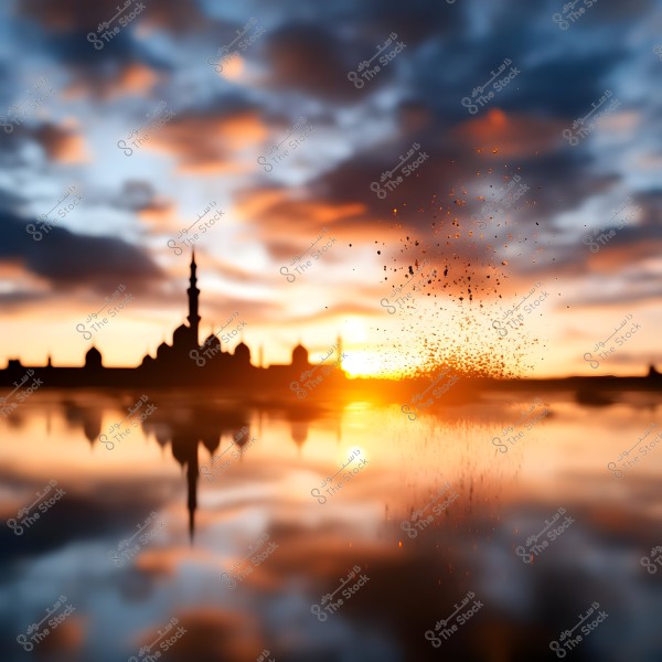 A sunset scene showing the reflection of a mosque with its minarets and domes on the water, with scattered clouds in the sky and warm colors ranging from orange to blue, creating a serene and beautiful atmosphere.