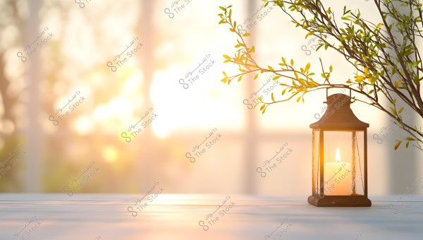 Image of a brown metal lantern placed on a wooden surface with a lit candle inside, surrounded by some green branches. The background shows sunlight during sunset, providing a warm and serene atmosphere.