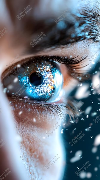 A close-up image of a human blue eye showing detailed features of the eyelashes and surrounding skin. The eye reflects glowing colors reminiscent of a digital screen with blue and orange hues. Small specks of light are scattered around the eye, adding an intriguing effect to the image.