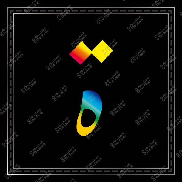 حرف عربي ثلاثي الأبعاد بألوان متدرجة داخل إطار مزخرف على خلفية سوداء.