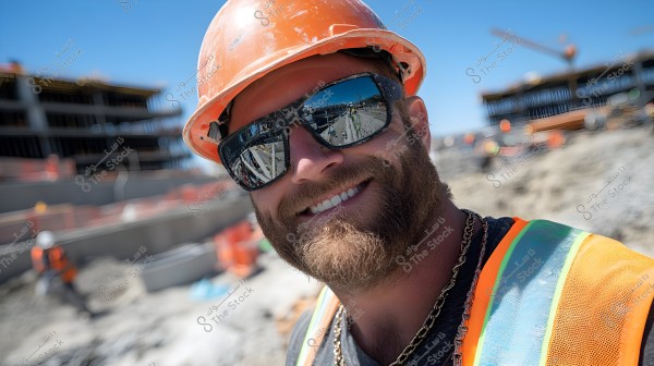 Image of a person smiling at a construction site. They are wearing an orange safety helmet, sunglasses that reflect the site scene, and a bright yellow safety vest. In the background, there are large construction works and structures being built, with several workers wearing helmets and safety vests.