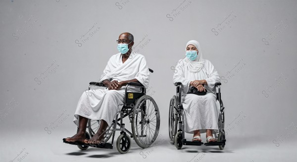 The image shows two individuals sitting on wheelchairs, dressed in white Ihram clothing. Both are wearing blue face masks, suggesting health precautions. The background is white. The individuals seem prepared for Hajj or Umrah.