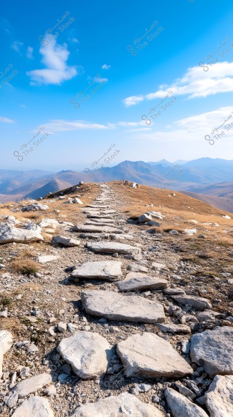 A narrow stone pathway stretches across a mountain ridge surrounded by dry, rocky landscape. In the background, a series of mountains with distant peaks can be seen under a clear blue sky with scattered white clouds.