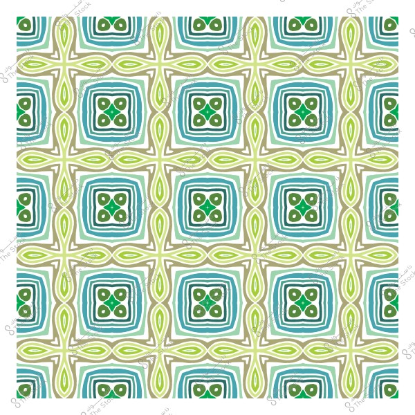 تصميم نمط هندسي مكرر بألوان خضراء وزرقاء بشكل مربعات وأشكال سداسية مع تفاصيل متقاطعة.