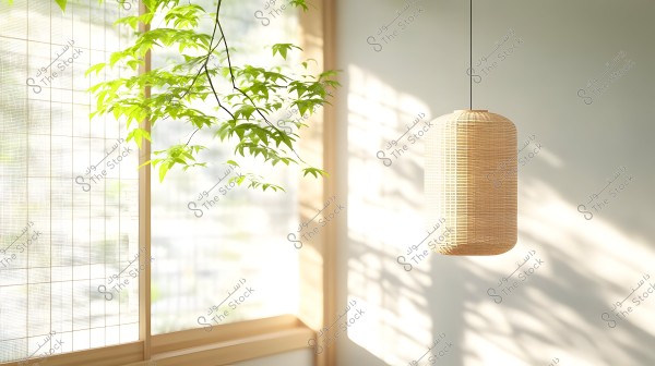A wooden-framed window shows sunlight streaming through traditional Japanese paper screens. A bamboo lamp hangs from the ceiling, accompanied by a green tree branch extending into the room. The light and shadows create an artistic pattern on the interior walls.
