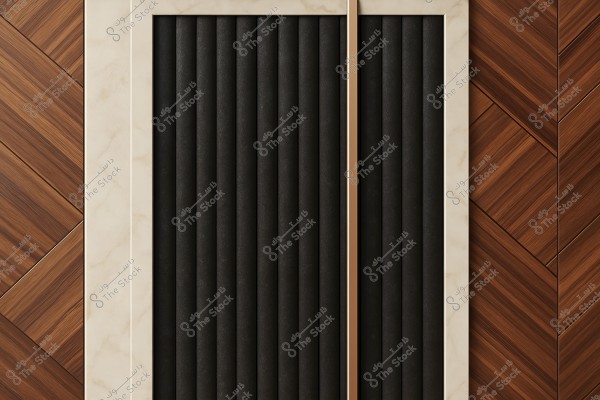 An image of an interior design featuring a wall adorned with polished wood tile panels in an interlocking pattern, adjacent to an elevator door framed with white marble and dark black panels. The design highlights the quality of materials and colors used in a modern and elegant style.