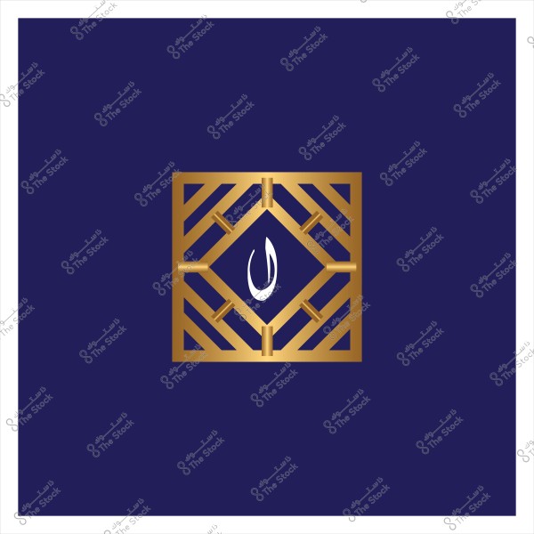 تصميم هندسي يحتوي على نمط ذهبي متداخل وشكل قطرة في الوسط على خلفية زرقاء داكنة.