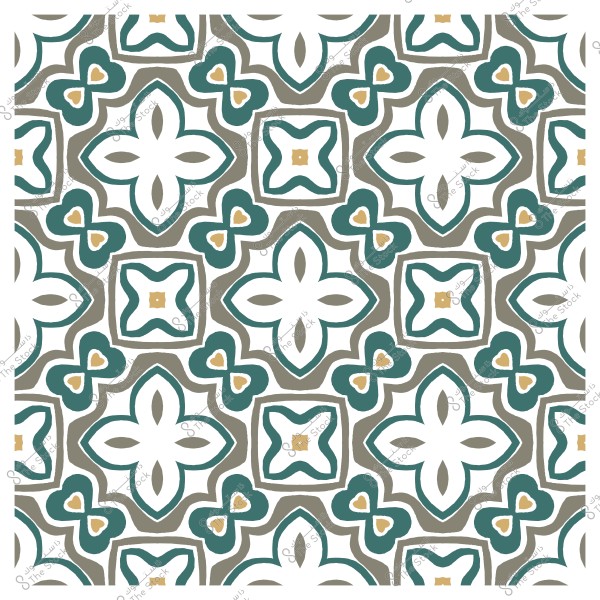 نمط هندسي مزخرف مكون من أشكال زهرية وخطوط متداخلة بألوان خضراء وزيتونية وبيضاء مع تفاصيل لونها بني فاتح.