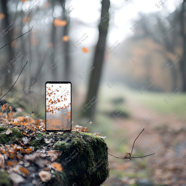 A smartphone standing on a moss-covered surface with fallen leaves, set against a hazy forest background. The phone\'s screen displays the same scene of falling leaves, showcasing an overlap between reality and technology. The tall trees in the background add a touch of nature and serenity.