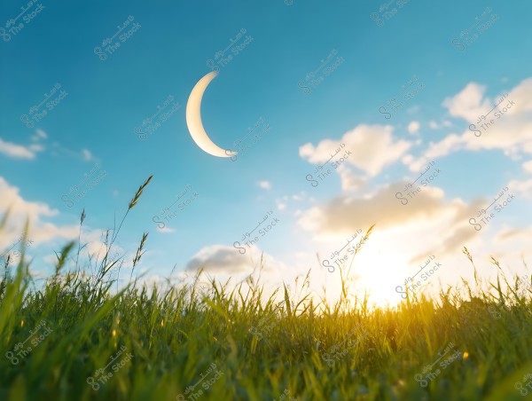 A natural landscape featuring a crescent moon in the blue sky with scattered clouds. Below, there is a field of green grass illuminated by bright sunlight.
