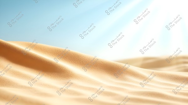 An image of a natural desert landscape with smooth sand dunes extending under bright sunlight. The sky is clear and blue, adding a sense of peace and tranquility.