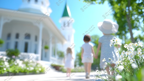 An image showing three children walking toward a large building with a tower and a green roof on a sunny day. The children are wearing light summer clothing, with one child wearing a white hat. White flowers appear in the foreground on the right side of the image, with green trees in the background.