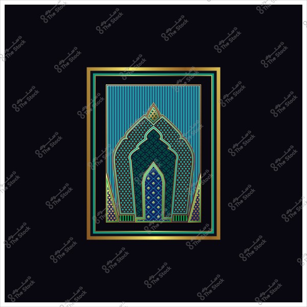 تصميم زخرفي إسلامي مزخرف بألوان زرقاء وذهبية على خلفية سوداء.
