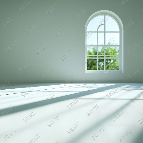 An arched window in a simple room, with sunlight casting shadows on the empty floor. A natural view with green trees is visible through the glass.