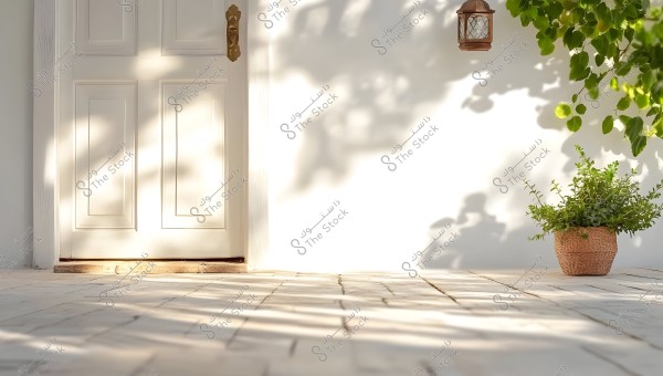 The image depicts a home entrance with a white wooden door featuring an antique brass handle. To the right of the door, there is a brown plant pot containing lush green foliage. Shadows are cast on the tiled floor and surrounding area from the overhead leaves.
