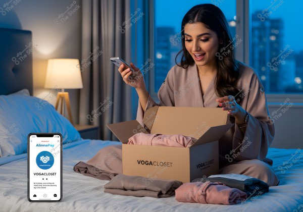 امرأة تجلس على السرير في غرفة نوم مريحة, ترتدي لباسًا بيتيًا وتفتح صندوقًا من "VogaCloset" يحتوي على ملابس مطوية. هي تمسك هاتفًا محمولًا وبجانبها ضوء مصباح يظهر بشكل خافت.