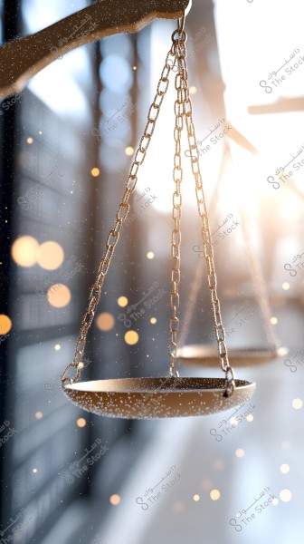 Image of a metallic hanging chain holding a glowing scale pan. Light streams in from the background, creating glowing spots that add an illuminated and enchanting atmosphere to the image. The background is blurred, contributing to a sense of mystery in the scene.