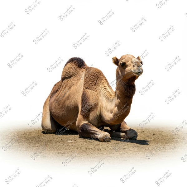 An image of a brown camel sitting on sand during the daytime. The camel appears relaxed on the ground, with a white background highlighting the detailed fur and rich features.\r\n\r\n###