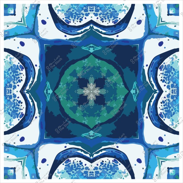Symmetrical geometric pattern in blue, green, and white colors resembling tile ornamentation.