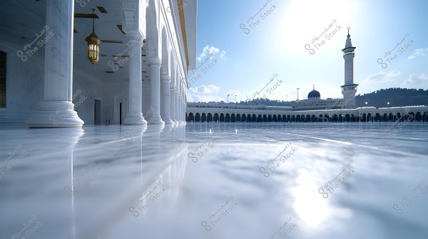 An image of the exterior of a large mosque featuring white marble columns and a ceiling with a decorative gold chandelier. In the background, the mosque’s minaret prominently stands against a blue sky with scattered clouds. The ground is shiny, made of white marble or stone, reflecting the bright sunlight.