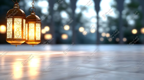 Traditional Arabic lanterns illuminated and hanging, featuring intricate designs, casting a warm glow on a nearby marble floor. The background includes blurred lights creating a serene and beautiful ambiance.